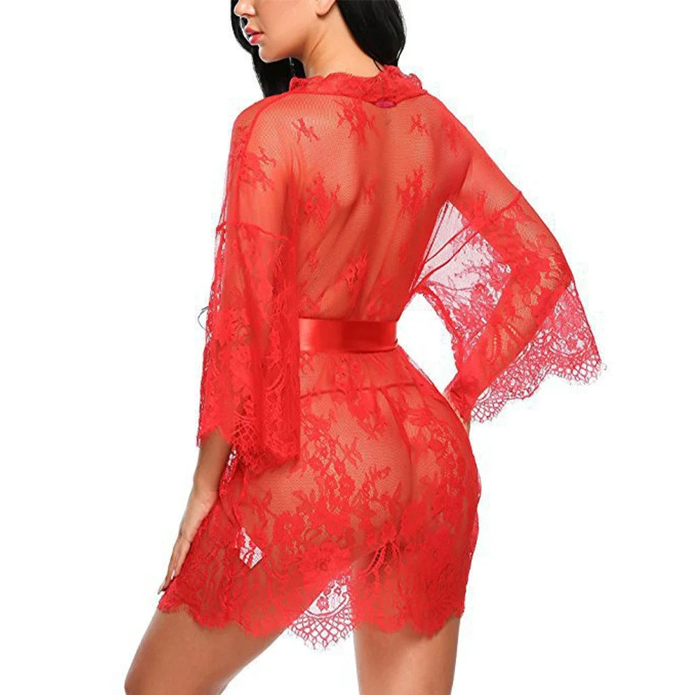 Nuisette sexy en dentelle pour la nuit, robe kimono de lingerie pour femme avec bretelles réglables.