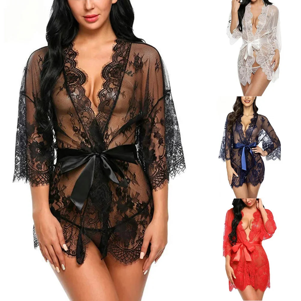 Nuisette sexy en dentelle pour la nuit, robe kimono de lingerie pour femme avec bretelles réglables.