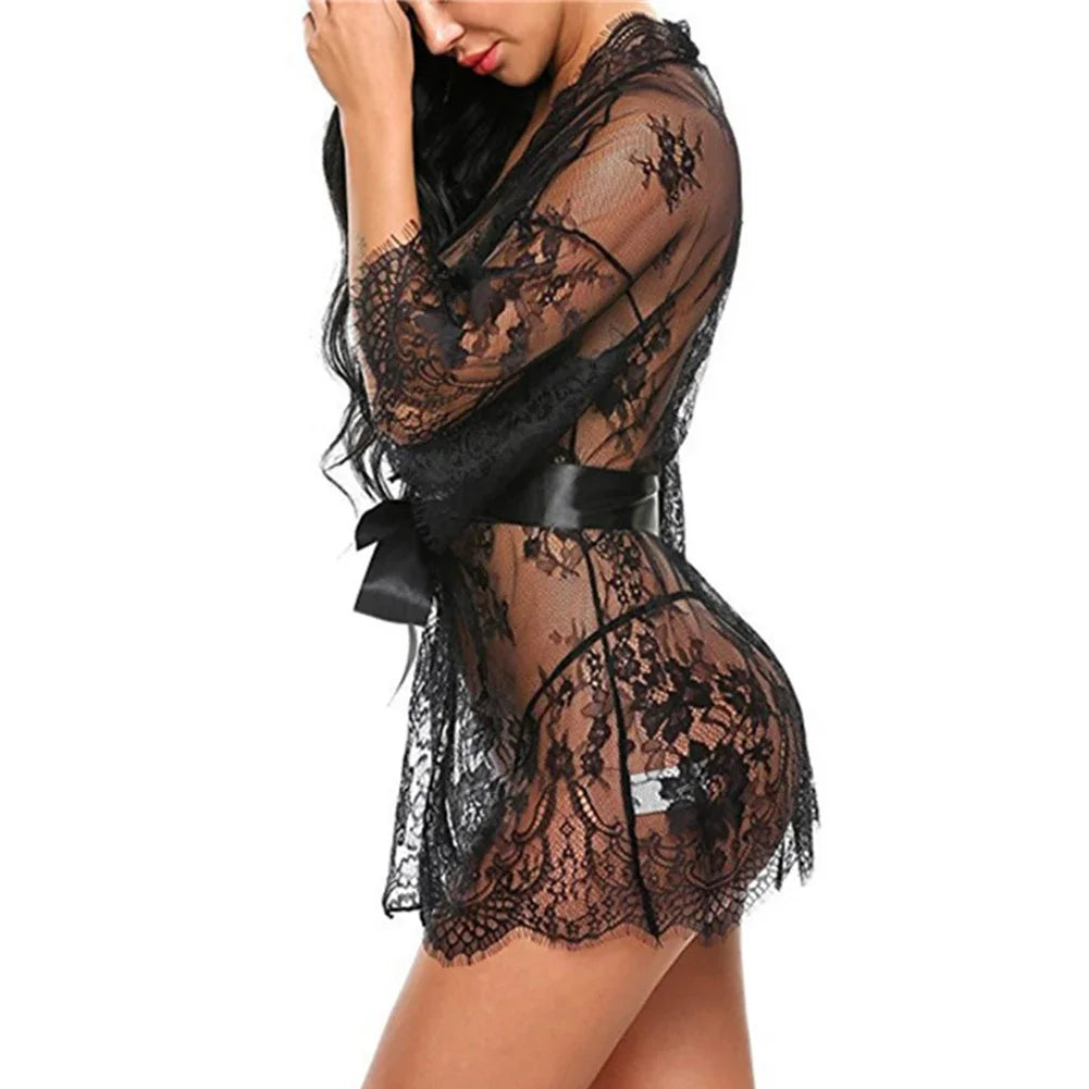 Nuisette sexy en dentelle pour la nuit, robe kimono de lingerie pour femme avec bretelles réglables.